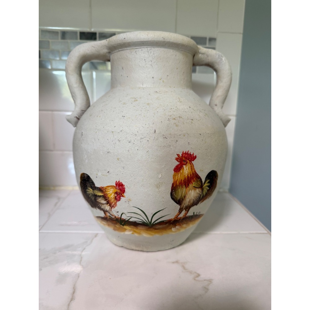 Vintage Hand Painted Rooster Terracotta Vase Double Handle Farmhouse Pottery 9"